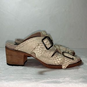 Freebird by Steven Cream Snakeskin-Textured Buckle Sandal Mules